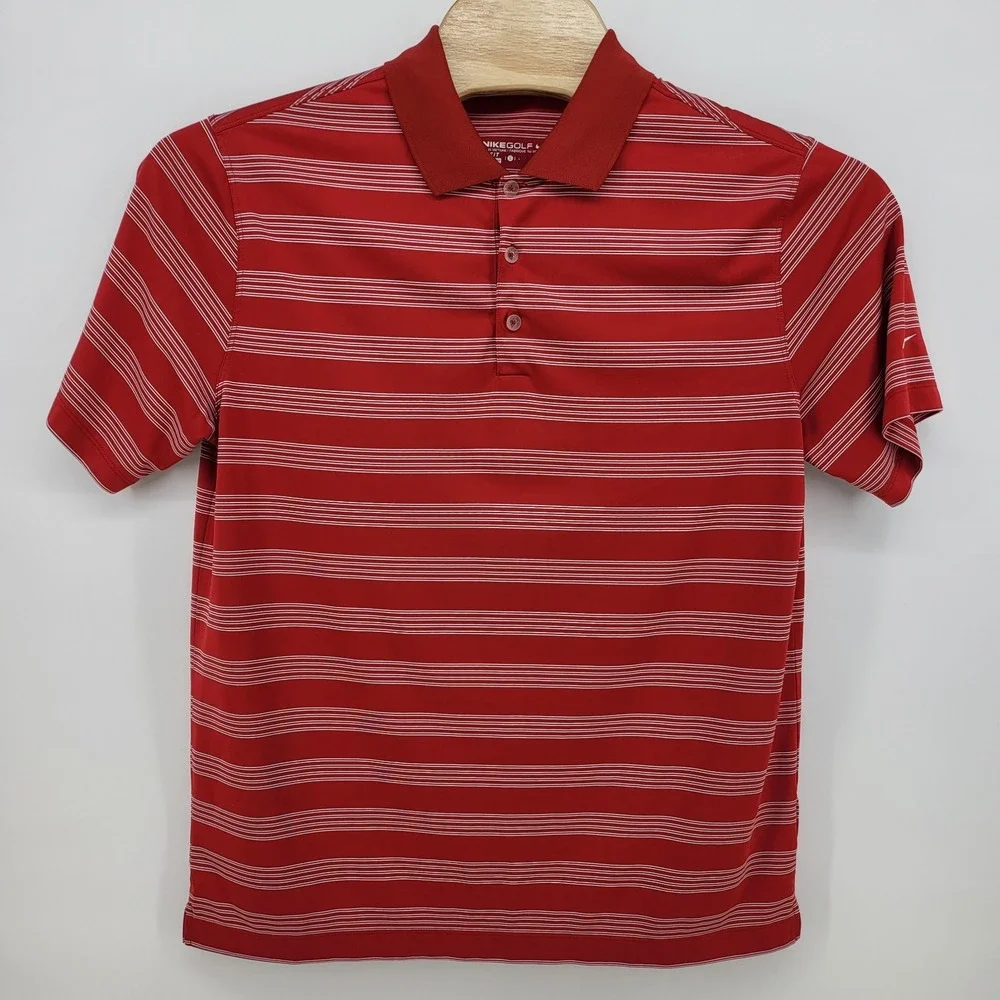 Nike Golf Dri Fit Performance Red White Stripe Polo Shirt Mens Large‎